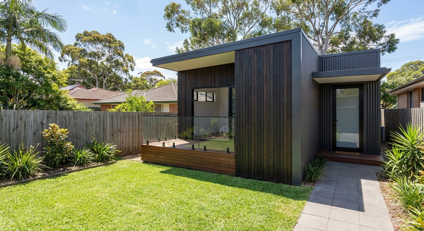 Modern 2 bedroom granny flat exterior in Australian suburban backyard, private entrance, deck and contemporary cladding
