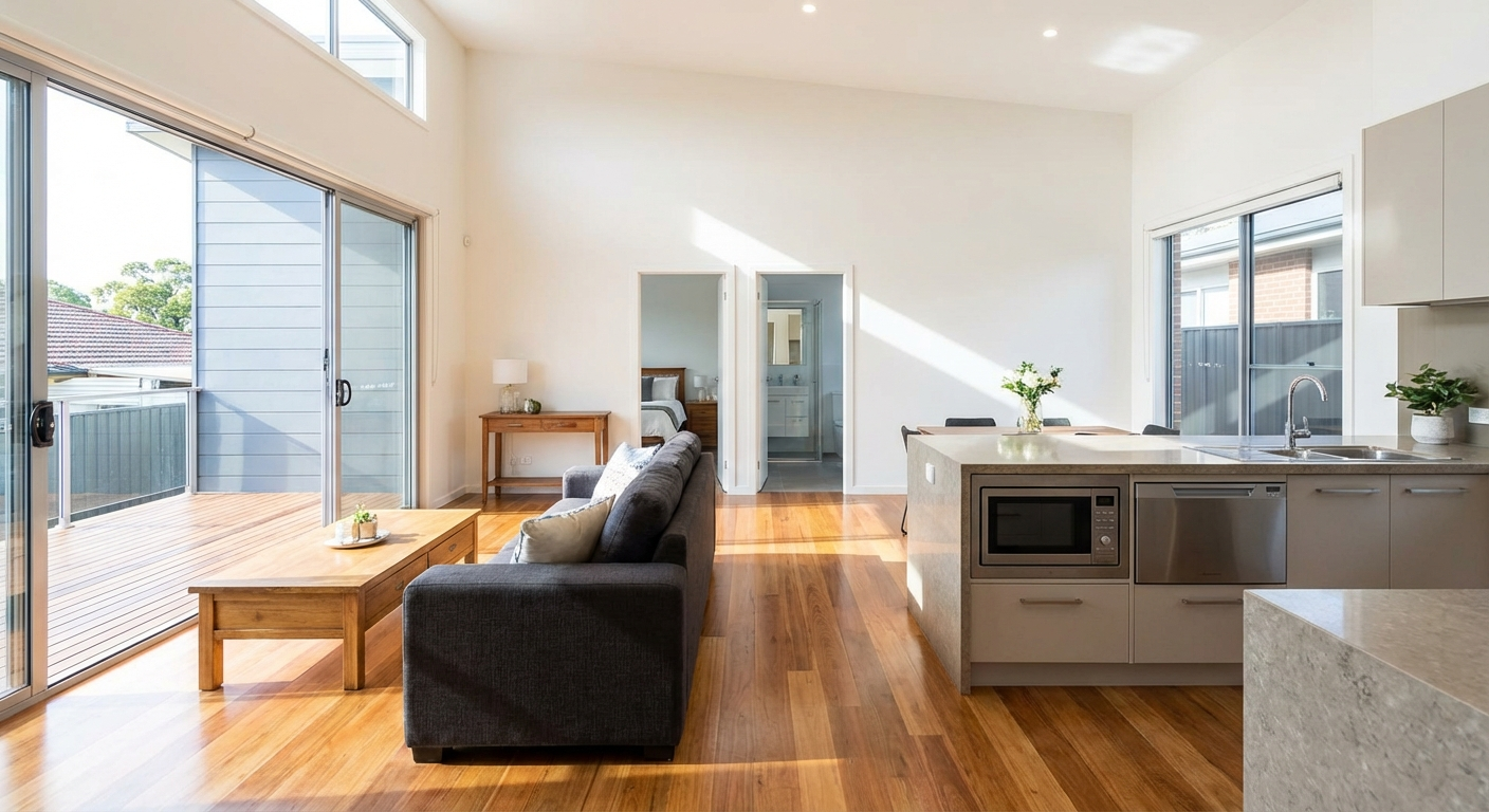 Spacious modern 2 bedroom granny flat interior with open plan living and kitchen, bright natural light and quality finishes