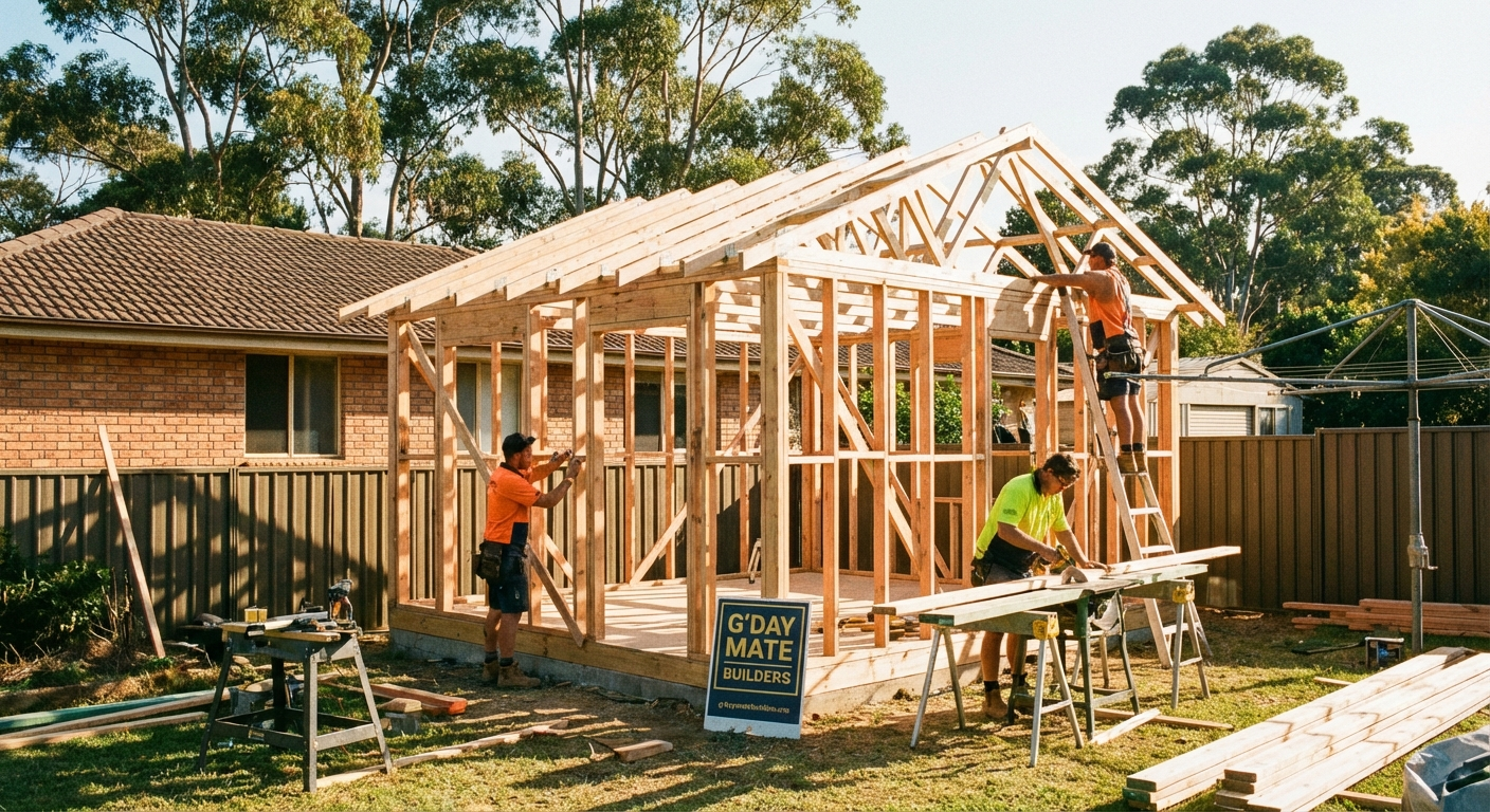 Granny flat under construction in Australian suburban backyard, timber frame stage, NSW