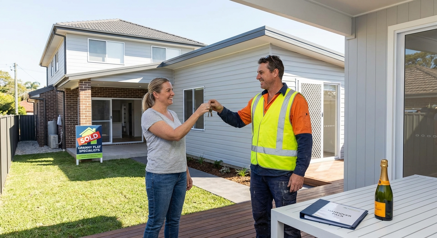 Builder presenting keys to happy property owner at granny flat handover, NSW