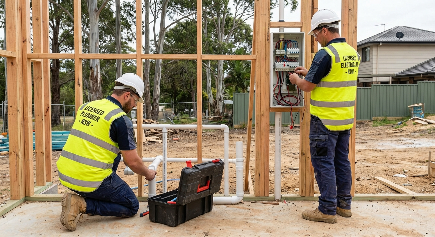 Professional granny flat installation — licensed trades working on services connections