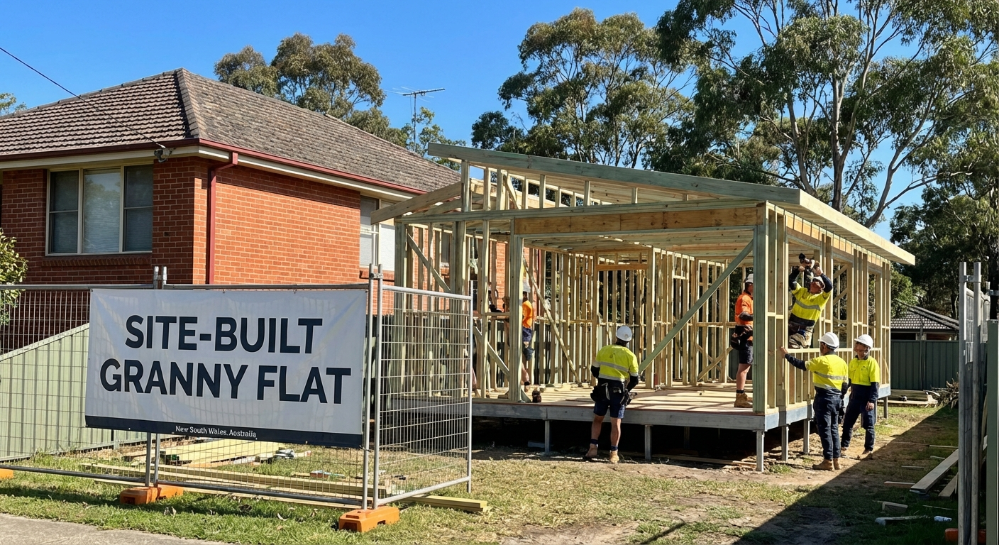 Site-built granny flat construction in an Australian backyard — Granny Flats Illawarra