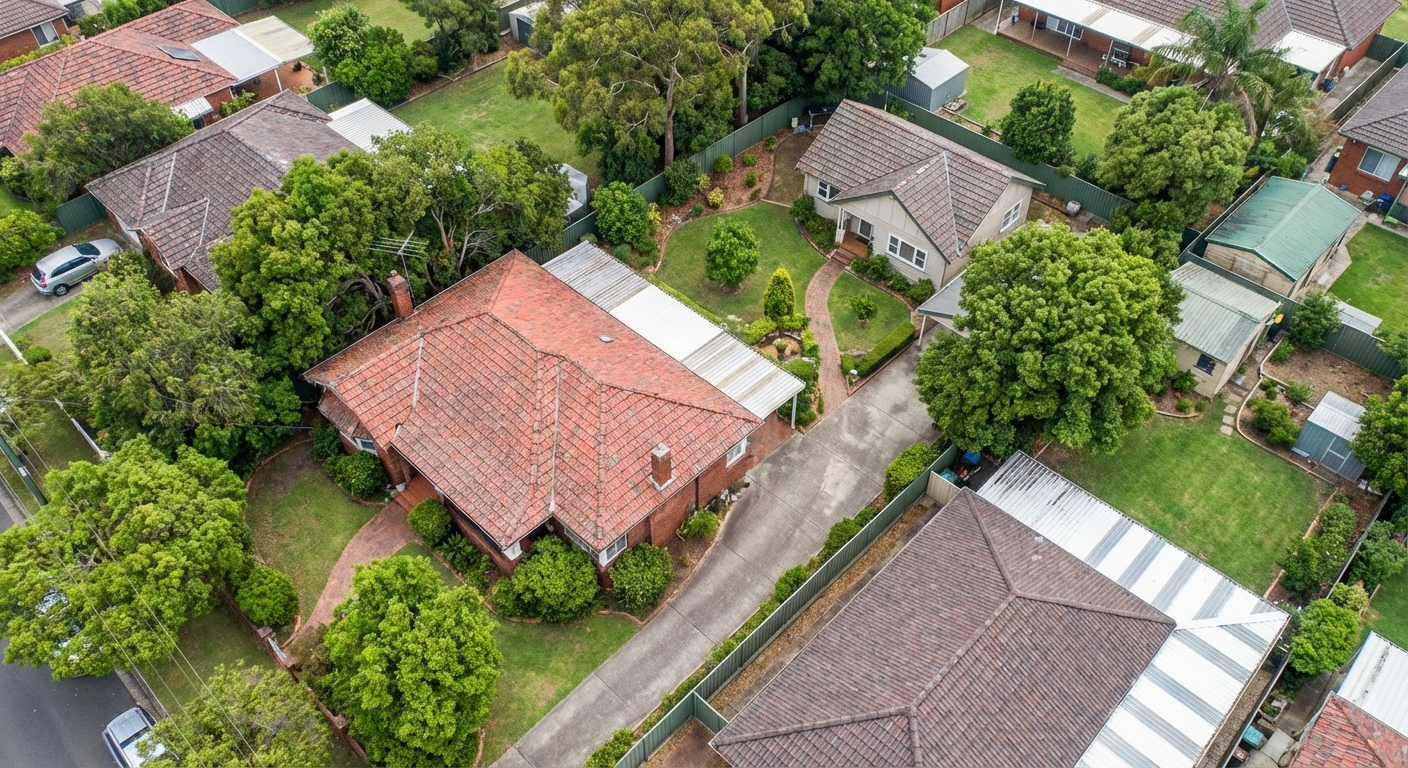 Aerial view of Australian residential property showing main house and second dwelling granny flat in backyard, Illawarra NSW