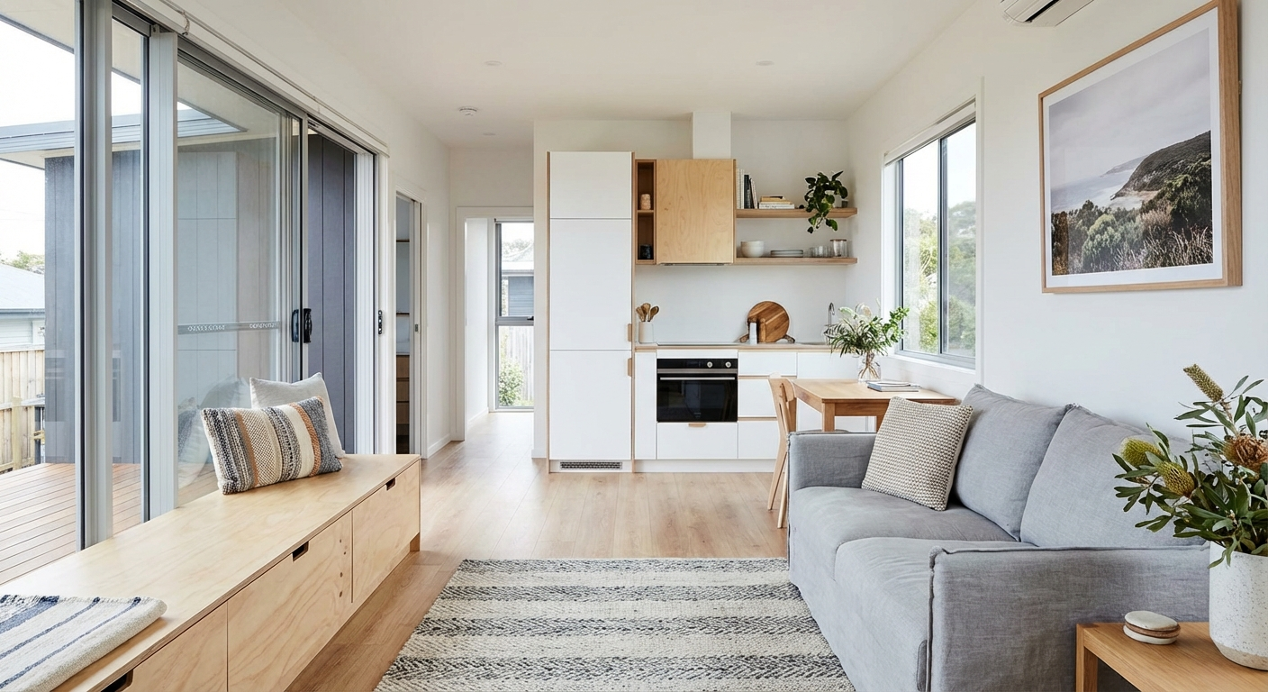 Modern studio granny flat interior — open plan living, kitchenette, contemporary Australian design